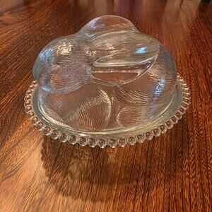 LE Smith Glass Bunny on a Nest Clear Beaded Edge Vintage Indiana Trinket Candy